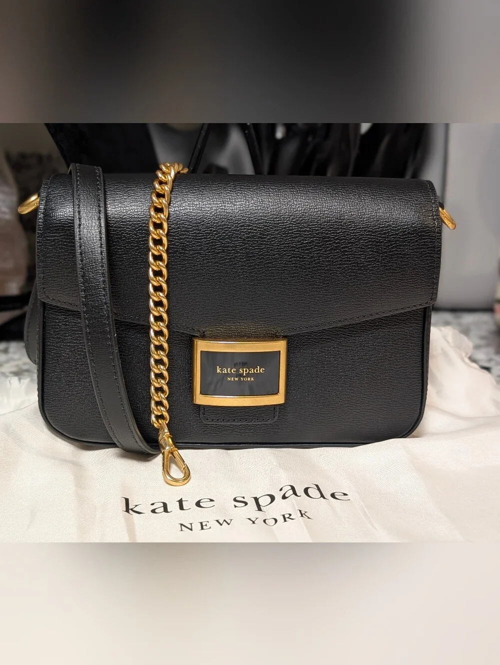 New Kate Spade ♠️ Katy Textured Black Leather Flap Chain bag Purse